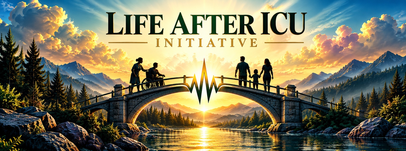 Life After ICU Initiative: a caregiver, wheelchair user, and family on a bridge with a heartbeat at its center, beneath a golden sunrise.
